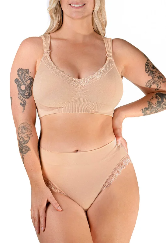 Women’s embroidered seamless briefs-Cushion Padded Strap Wire Free Maternity & Nursing Bra and High Cut Brief Set