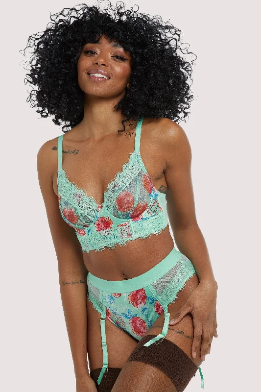 Women’s soft modal boyshorts-Sabey Mint Floral Longline Bra