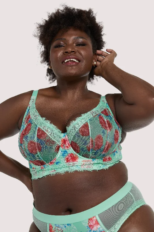 Women’s cotton bikini panties-Sabey Mint Floral Longline Curve Bra