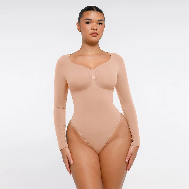 Women’s low-rise cotton panties-Marcella - Seamless Long Sleeve Thong Bodysuit with Chest Support & Tummy Control