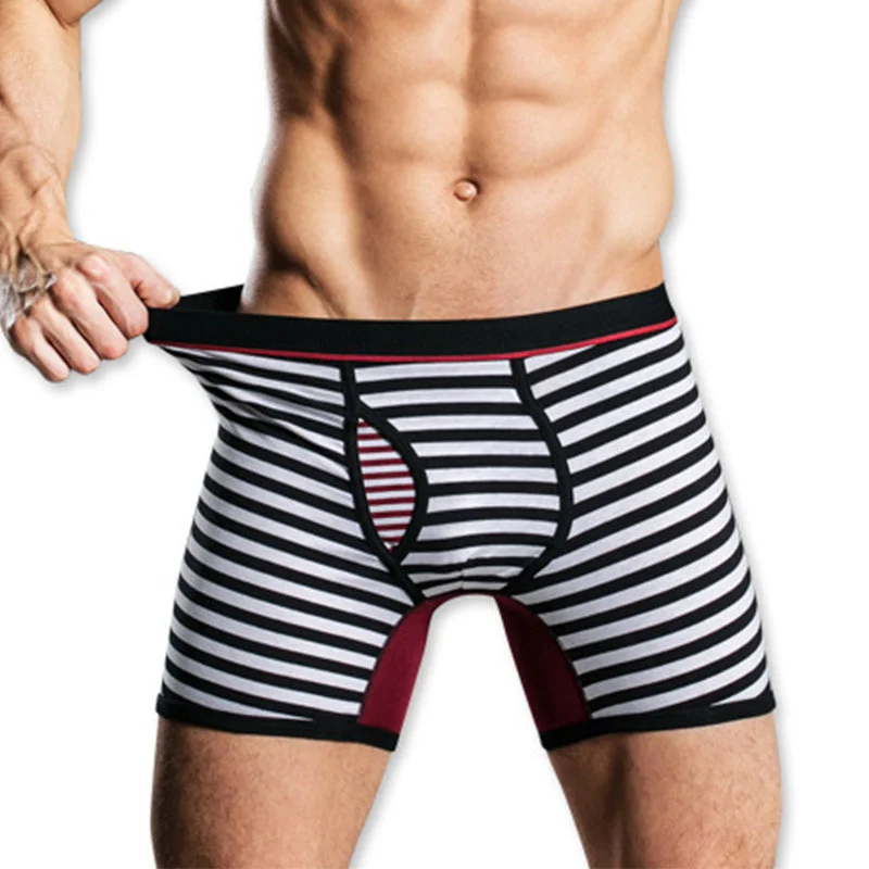 Men’s comfy modal briefs-Men's Fly Front with Pouch Striped Cotton Boxer Briefs