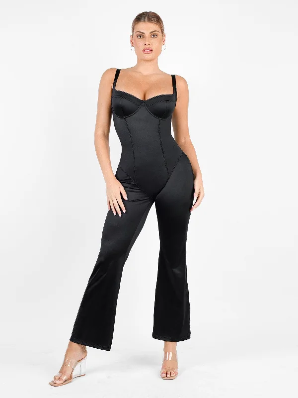 Women’s stretchy satin briefs-Shapewear Sculpting Shine Flare Leg Corset Jumpsuit