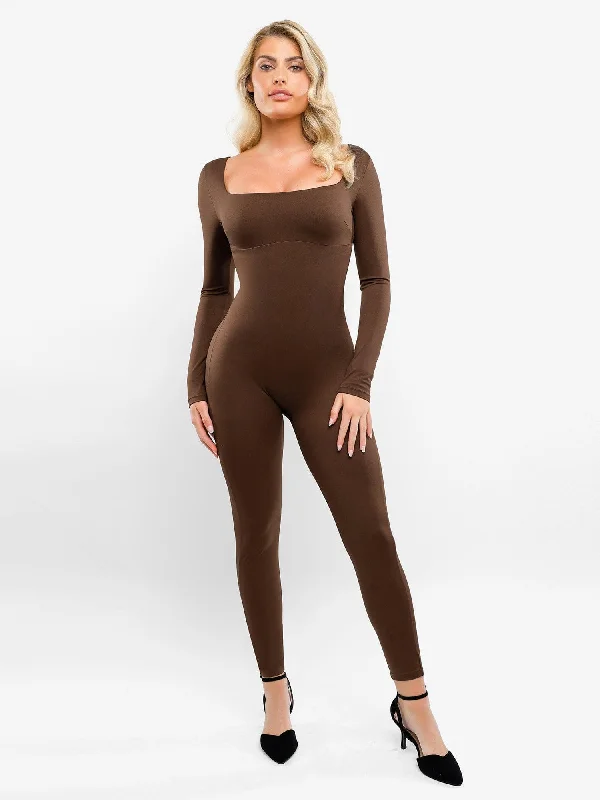 Women’s cotton blend thong-Shapewear Square Neck Long Sleeve Butt Lift Jumpsuit